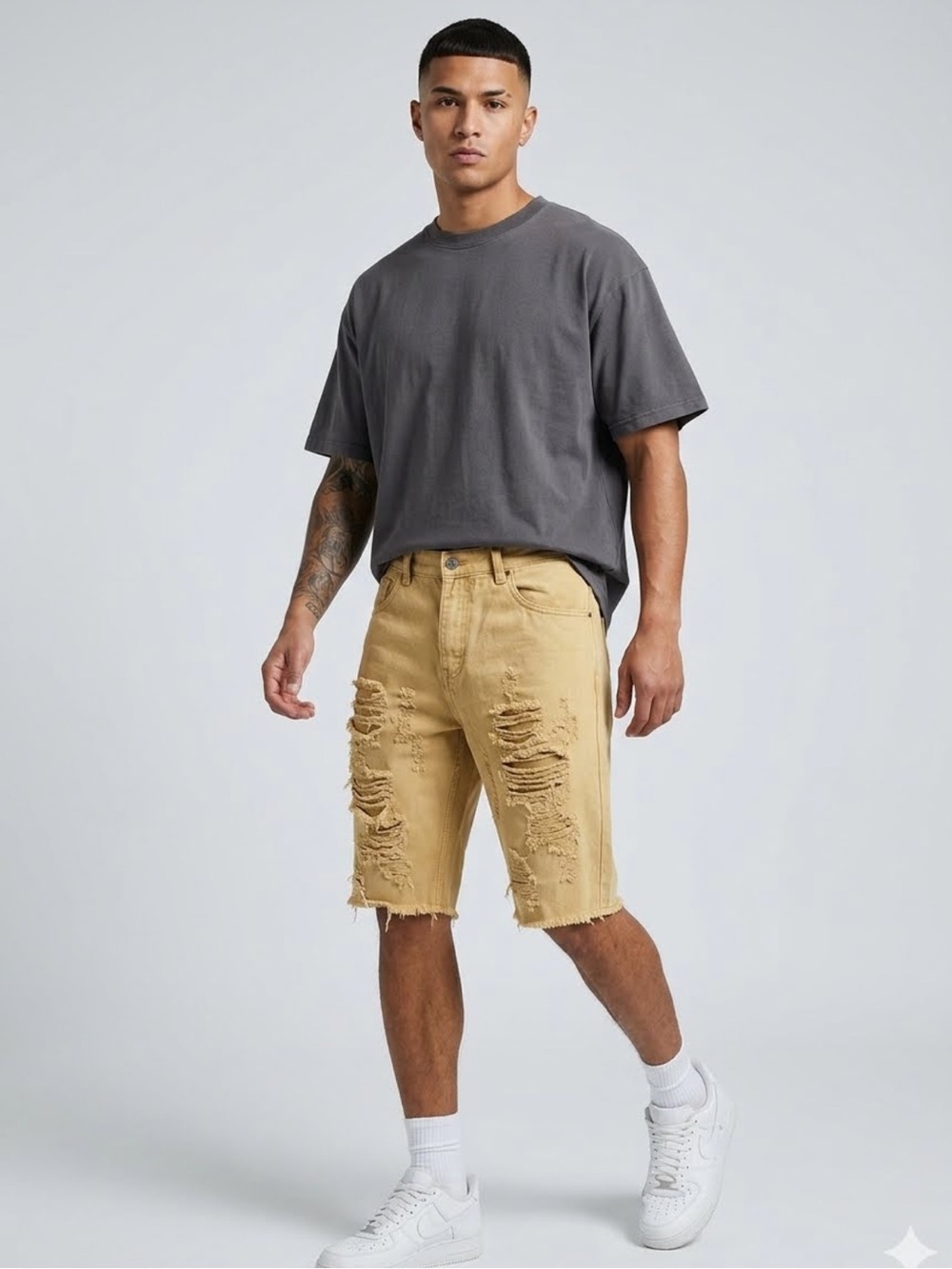 🔥 GRAIL M-X American Denim Heavily Distressed Yellow Jorts / Jean Shorts Size 38
